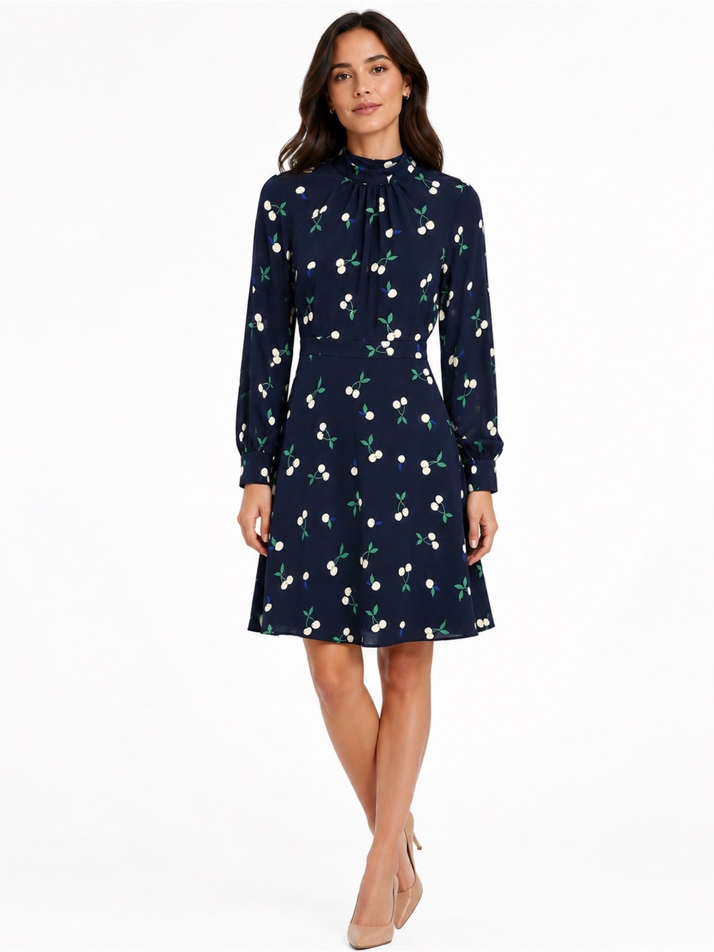 Banana Republic Factory Cherry Print Fit & Flare Dress Navy 00P